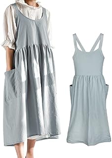 Small snail Women Apron Japanese Style X Shape Cotton Aprons Halter Cross Back Bandage with Big Pockets Solid Color Literature Art Casual Bib for Cooking Chef Cafe Flower Shop Green