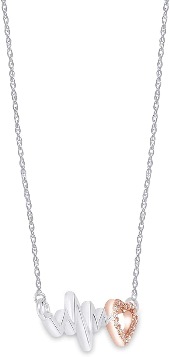 Jewel Zone US 1/20 CT.t.w Round Cut Diamond Accent Two Tone Heartbeat And Heart Pendant Necklace In 925 Sterling Silver, 18" Chain (I-J Color, I2-I3 Clarity, 0.05 Cttw)