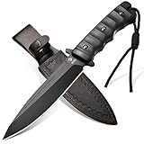 FULL TANG - KONSTRUKTION: Die Klinge dieses Messers besteht aus 8Cr14Mov-Stahl, seine Härte beträgt 58 HRC und 4,6mm dick, wiegt ca. 312.5 g, und ist von der Spitze bis zum Ende des Griffs aus einem einzigen, 28cm langem Stück gefertigt. Sehr stark und haltbar, geeignet für Camping und alle Arten von Outdoor-Aktivitäten