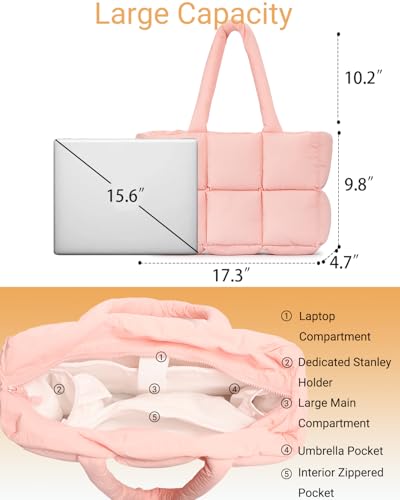 Image of Herald Puffer Tote Bag for Women, Large Quilted Puffy Handbag Lightweight Satchel Purse with Cup Holder & Compartment