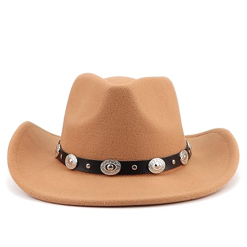 Image of DRESHOW Women Men Classic Felt Wide Brim Western Cowboy & Cowgirl Cap Belt Buckle Retro Panama Hat Unisex Rolled up Caps