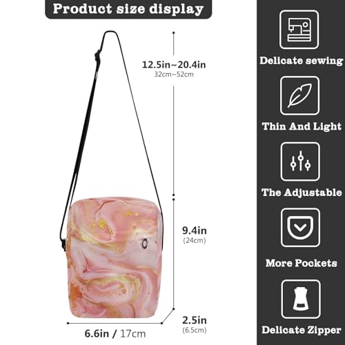 Crossbody Bag Pink Gold Marble Messenger Bag for Women Men Purse Shoulder Bag Satchel Bag with Adjustable Strap 214B54413