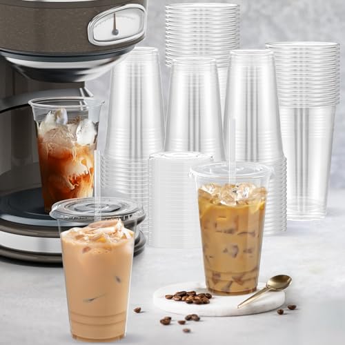 image for Dealusy 100 Pack - 24 oz Clear Plastic Cups with Lids and Straws, Stur