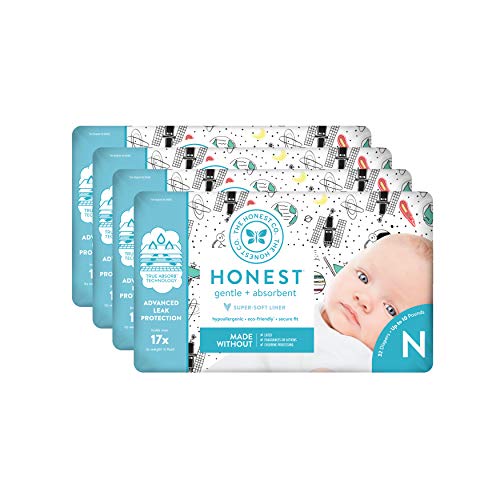 The Honest Company Diapers - Newborn, Size 0 - Space Travel Print | TrueAbsorb Technology | Plant-Derived Materials | Hypoallergenic, Size 0, 32 Count (Pack of 4)
