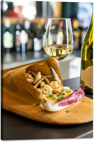 Canvas Wall Art for Living Room Fried fish bottle wine and