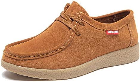 TRULAND Women’s Casual Moccasin Shoes - Suede Leather Lace Up Flat Wallabees Oxford Shoes (7.5 D(M) US,Brown)
