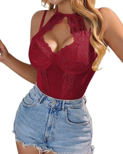 Body Mujer Sexy Bodysuit Top Encaje Floral Malla Transparente Bodies Lencería Ajustada sin Mangas Una Pieza Mono Leotardo Ropa Interior Teddy Elegante Halter para Fiesta (Rojo vino, Talla única)