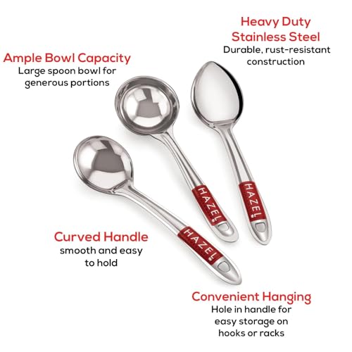 Image of HAZEL Stainless Steel Kitchen Tools Spoons Set of 3 (Ladle, Oval Shape Spoon, Pan Shape Spoon)
