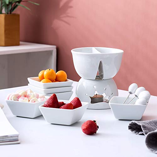 Foto von MALACASA, Serie Favor, 14 teilig Porzellan Schokofondue Set, Käsefondue Topf-Set mit 6 Fondue Gabeln 6 Fondue Schalchen, Fondueset für 6 Personen für Schoko Käse Nachtisch, 400ML