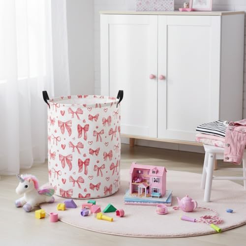 Image of Baby Laundry Basket Baby Nursery Hamper Kids Laundry Basket Toy Storage Bin for Boys Room Decor Gift Baskets for Bedroom Bathroom(Heart Bowknot)