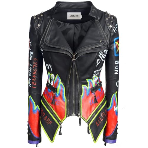 Women's Faux Leather Textured Hand Painted Graffiti Studded Rivet Moto Lady Fit Jacket Zip-up Slim PU Biker Coat