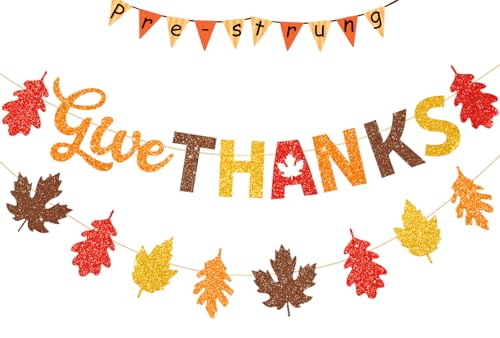 Upgraded, 2pcs Fall Give THANKS Banner, with Fall Sign Garland (Premium Cardboard + Glitter), NO-DIY, Thanksgiving Banner Wall Decorations, Friendsgiving Party Decorations, for Home, Indoor, Fireplace