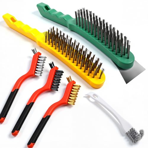 6 Pcs Heavy-Duty Cleaning Brush Set with Stainless Steel Brushes & Scraper - Includes U-Shape Brush, Dual-Head Brass/Nylon Brushes for Gas Stoves, Grills, Rust, Grease & Surface Prep