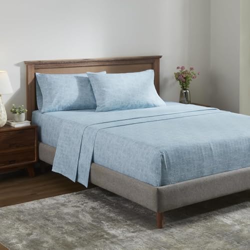Image of Superior Melange Flannel Cotton Sheet Set, Ultra-Soft Brushed Sheets, Modern, Farmhouse Bedding, Includes; Flat Sheet, Elastic Deep Pocket Fitted Sheet, Pillowcases, California King, Washed Blue