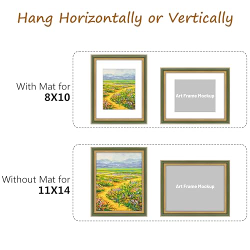 Image of Golden State Art,11x14 Ornate Picture Frame Holds 8x10 Photo,Green Gold | Includes real glass front,white mat,build-in hangers and buttons.Displays 8x10 photo on wall