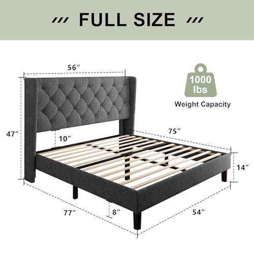 Image of Feonase Full Size Bed Frame with Upholstered Wingback Headboard, Platform Bed and Heavy Duty Wooden Slats Support, Easy Assembly, Noise-Free, No Box Spring Needed, Dark Gray