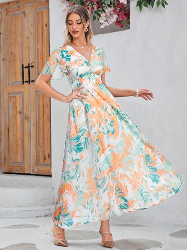 Image of Simplee Women's Boho Floral Maxi Dress Flowy Casual V Neck Short Sleeve Wedding Guest Holiday Beach Long Dress