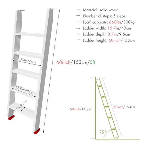 Image of 50 inch 55 inch 60 inch White Wood Bunk Bed Ladder, Lofted /Dorm /RV Bed Bunkbed Ladders with 4in Extra Wide Steps and Non-Slip Pads, Replacement Wooden Ladder for Motorhome /Camping (White, 60in /153cm)