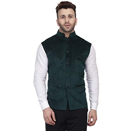 Image of Veera Paridhaan Men's Velvet Solid Green Nehru Jacket NEW