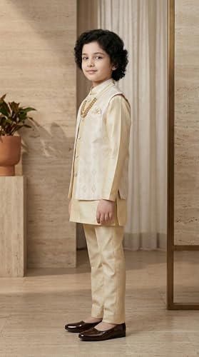 Image of AHHAAAA Kids Ethnic Cotton Silk Blend Sequin Print Indo-Western Sherwani Set for Boys 496MF