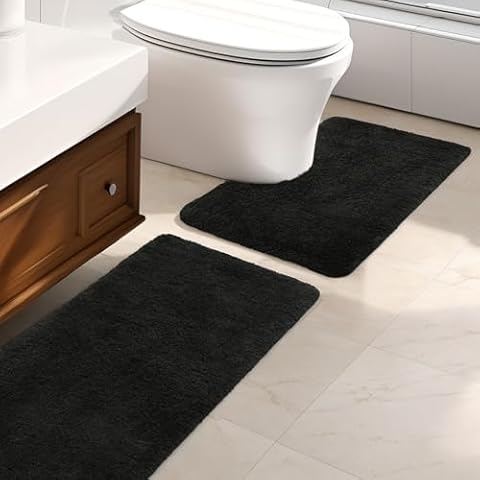 AROGAN Luxury Long Bathroom Runner Rug, 24x60 and 24×17 Inch Microfiber Non Slip Bath Mat, Rubber Backing Quick Dry Rugs Carpets, Machine Washable Plush Mats for Shower Floor, Black Cover