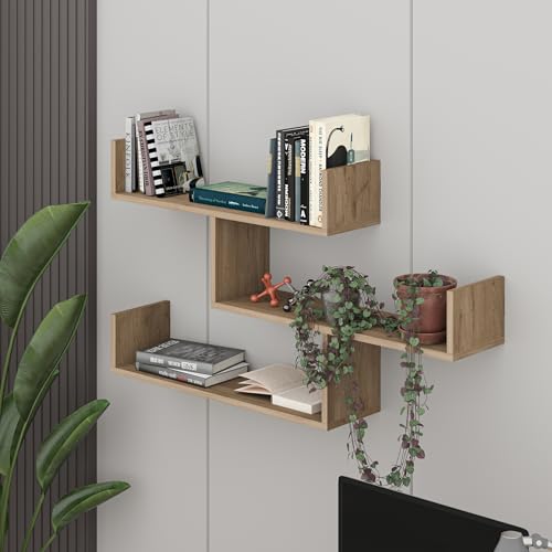 HOCUS PICUS Tibet 3 Tier Wall Shelf, Modern Design, 3 Piece Floating Shelf, Many Colour Options, Easy to Assemble, Living Room Office Storage - 119x 66.5x22cm (Natural Oak)