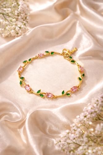 Image of H&K Jewels Tulip Bracelet with Pink Oval Crystals and Green Leaf Accents, Elegant Women's Jewellery|Anti-Tarnish|Vine Korean Design|Gift for GF and Wife