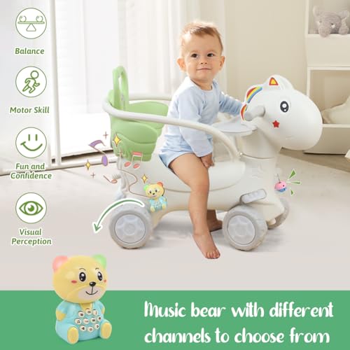 Ancaixin 4 in 1 Rocking Horse Ages 1-3, Baby Rocking Toy Birthday Gift for Toddlers 1-3 Years Old, Balance Bike Ride On Toys with Push Handle, Backrest and Balance Board for Baby Girl and Boy, Green