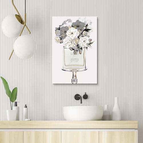 Image of HILL WEST Elegant Floral Canvas Wall Art - Perfume Bottle Picture Modern Fashion Prints Black White Flower Painting Artwork Home Decor for Bedroom Makeup Room
