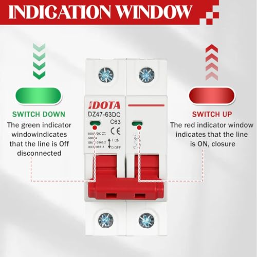 Idota Pv Sicherungsautomat 2pcs, DC 1000V 63A 2 Polig DZ47-C63 DC Trennschalter Pv Anlage, Solar Leitungsschutzschalter, Solar Trennschalter Schutzluftschalter, Schutzschalter für Photovoltaik-Systeme