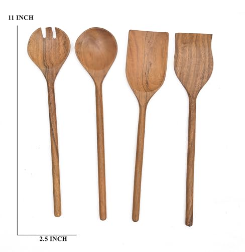 Image of Sanjeev Kapoor by OGGN Acacia Wood Serving & Cooking Spoon Set of 4, Handmade Wooden Spatula Set for Cooking, Non Stick Kitchen Tools, Turner, Ladle, Pasta & Frying Spoon, Natural Cookware