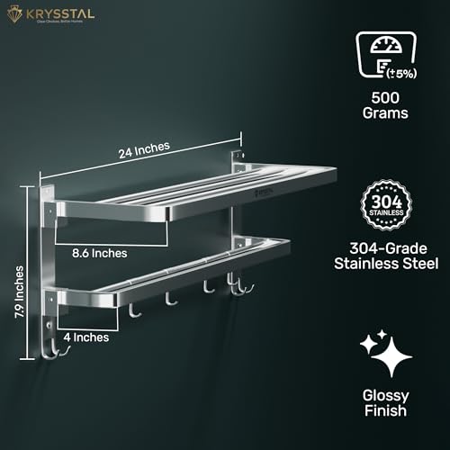 Image of Towel Holder in Bathroom - Towel Hanger for Wall,TwinFlex 304 Stainless Steel Foldable Towel Rack, Rustproof Wall Mounted Bathroom Shelf with Hooks, Heavy Duty Bathroom Accessories,24 Inch, Silver