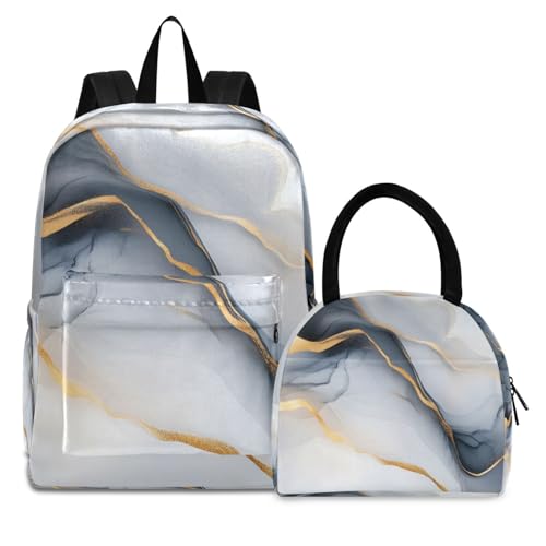 Black White Gold Marble Print Backpack Set with Lunch Bag, Large Capacity Travel Backpacks and Lunch Box Insulated for Commute Hiking Picnic