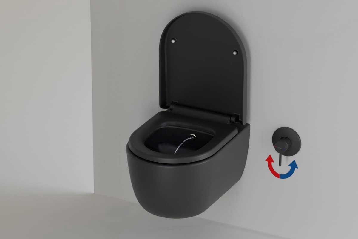 Dusch WC spülrandlos I Taharet WC Komplettset Warmwasser I Bidet WC randlos schwarz matt I Hänge WC kompatibel mit Geberit Duofix Spülkasten Sigma30 Drückerplatte I Wand WC Softclose Deckel