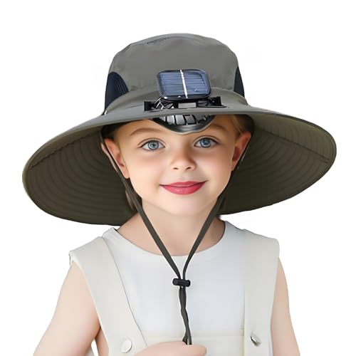 Kids Solar Fan Hat - Rechargeable Wide Brim Bucket Hat with Cooling Fans for Sun UV Protection, Outdoor, Beach, Fishing