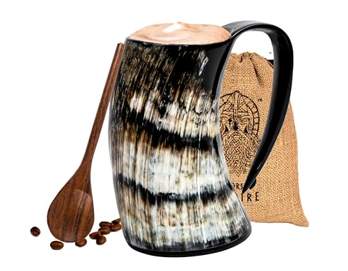 NORSE EMPIRE Viking Horn Mug - 100% Authentic 16oz-Ultimate Unique Handmade Viking Ox Horn Norse Mug for Hot & Cold Drinks-Gift for Men and Women- Food Grade Medieval Style Man's Beer & Mead Cup…