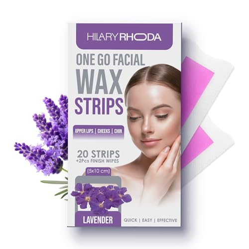 Image of Hilary Rhoda Women One Go Facial Wax Strips | Lavender Extract | Ready-to-Use for Upper Lip, Chin & Cheeks | Hair Removal Strips with 2 Wipes | Painless, Quick & Gentle Waxing | 20 Strips