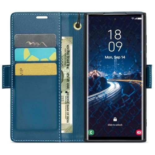 Image of Bracevor Deluxe Leather Flip Cover case for Samsung Galaxy S25 Ultra : Blue | Full Camera Cover | RFID Blocking Wallet Pockets | 360 Degree Protection