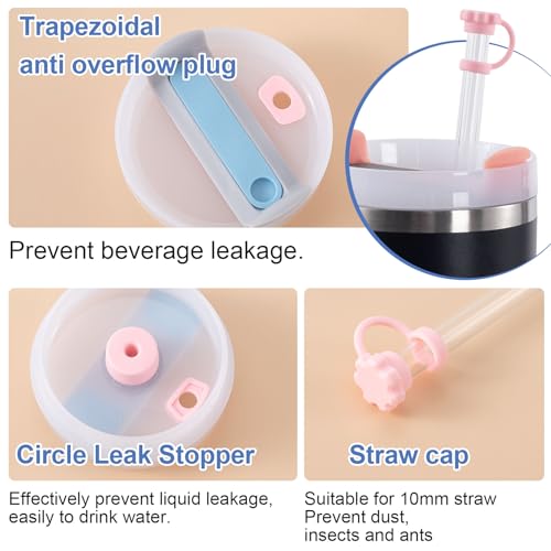 Image of HINZIC 3 Sets Spill Stoppers for 40oz Stanley Quencher H2.0, Pink Blue White Straw Cover Cap 10mm, Silicone Square Leak Proof Lid and Round Lid Spill Plug, Drinking Cup Accessories