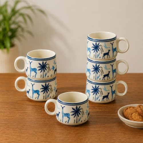 Image of ExclusiveLane 'Deer & Floral' Ceramic Tea Cups Set of 6 for Tea Cups Ceramic (Set of 6, 150 ml, Microwave Safe, White & Blue)| Coffee Cup Set Ceramic Cups for Tea Cup Chai Cups Drinkware