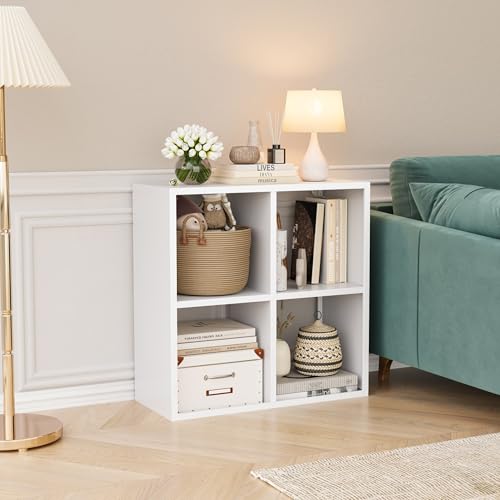Image of VASAAOSD 4 Cube Storage Organizer - Metal Bookshelf, White Cube Shelf, Deep Cube Shelving with Corner Protector, Stackable Design Bookcase for Living Room, Bedroom, Office, Entryway