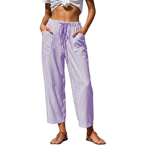 Pantalon Palazzo rayé à taille élastique et cordon de serrage pour femme