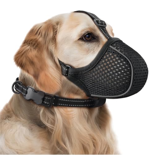 BONTHEE Dog Muzzle,Soft Nylon Muzzles Anti Biting Barking Chewing,Breathable Reflective Adjustable Loop Pets for Small Medium Large Sized Dogs,Allows Panting and Drinking(Black M)