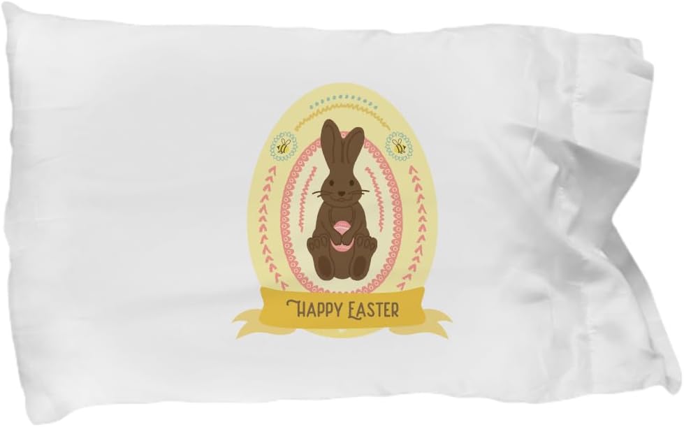 Pillowcase Happy Easter Wishes Gift Cute Brown Bunny and Eggs Gag for Kids Child Girl Pillow Cover Case 20x30