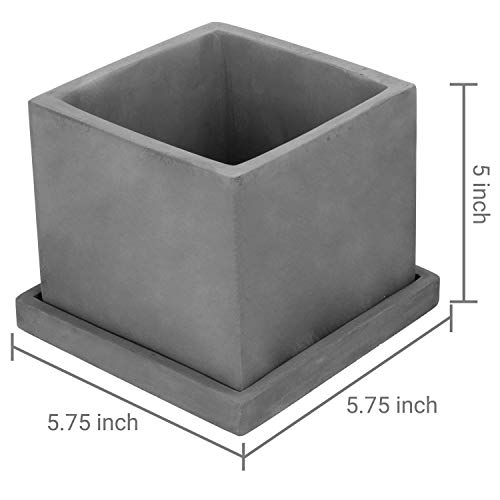 Mygift 5-Inch Gray Cement Indoor Plant Pot With Drainage, Mini Square Succulent Planter Includes Removable Tray, Set Of 2 #TOP3
