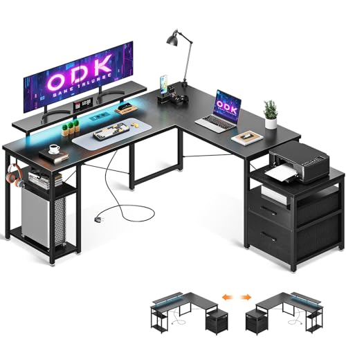ODK Escritorio con Soporte para Monitor y LED, Escritorio Esquinero con Cajones Pequeños y Grandes para Archivadores, Mesa Escritorio Negra con Puerto USB y Enchufe, 165×148 cm para Oficina en Casa