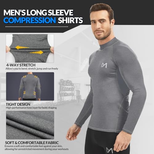 Compression Shirt Men Long Sleeve Workout Shirt, Quick Dry Top Baselayer Athletic Shapewear Undershirts for Men Grey 1 Pack — view 5