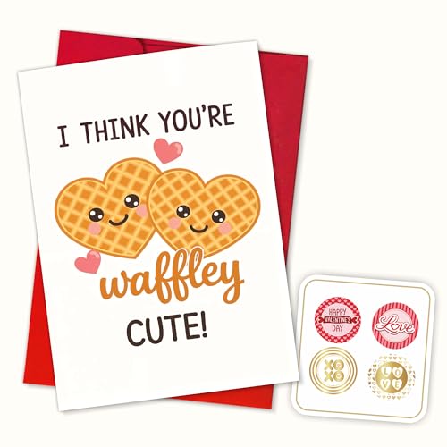 (5.3x8in) Valentine’s Day Card with Waffle Heart, Food Pun Love Greeting Featuring Breakfast Artwork, Sweet Romantic Stationery Boyfriend Girlfriend Husband Wife, Blank Inside with Envelope (Vlt17)