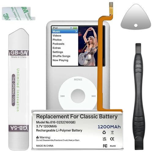 1200mAh for ipod 5th - 7th Classic Battery  High Capacity 616-0232 Battery Replacement Compatible with iPod 5th - 7th Generation Video Classic A1136 A1238 6th 80GB 6.5th 120GB 7th 160GB 5th 30GB
