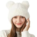 Peicees Knitted Beanie with Fur Pompom for Women Girls Chunky Winter Beanie Hat Warm Fleece Lined Skull Cap Cute White